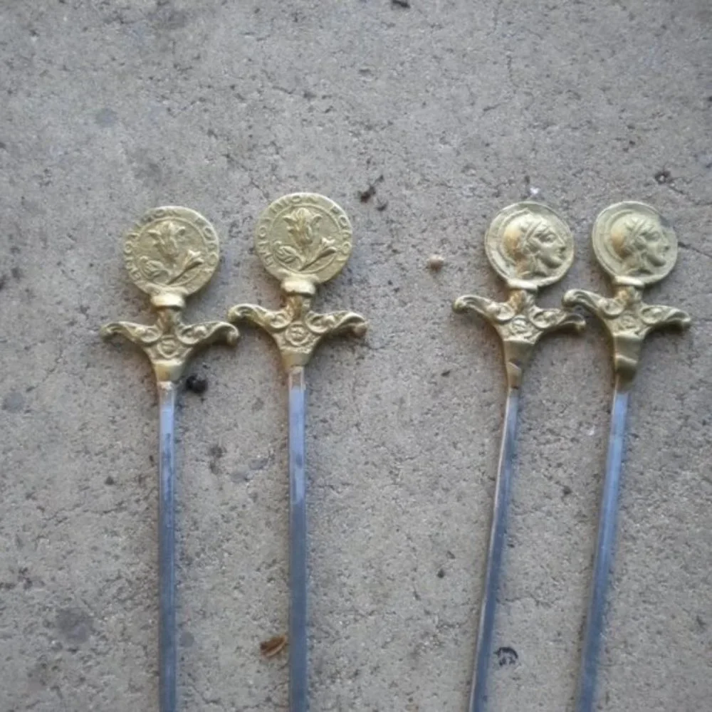 VINTAGE LOT OF 4 GREEK BRASS STAINLESS INOXIDABLE SKEWERS SHISH KABOB